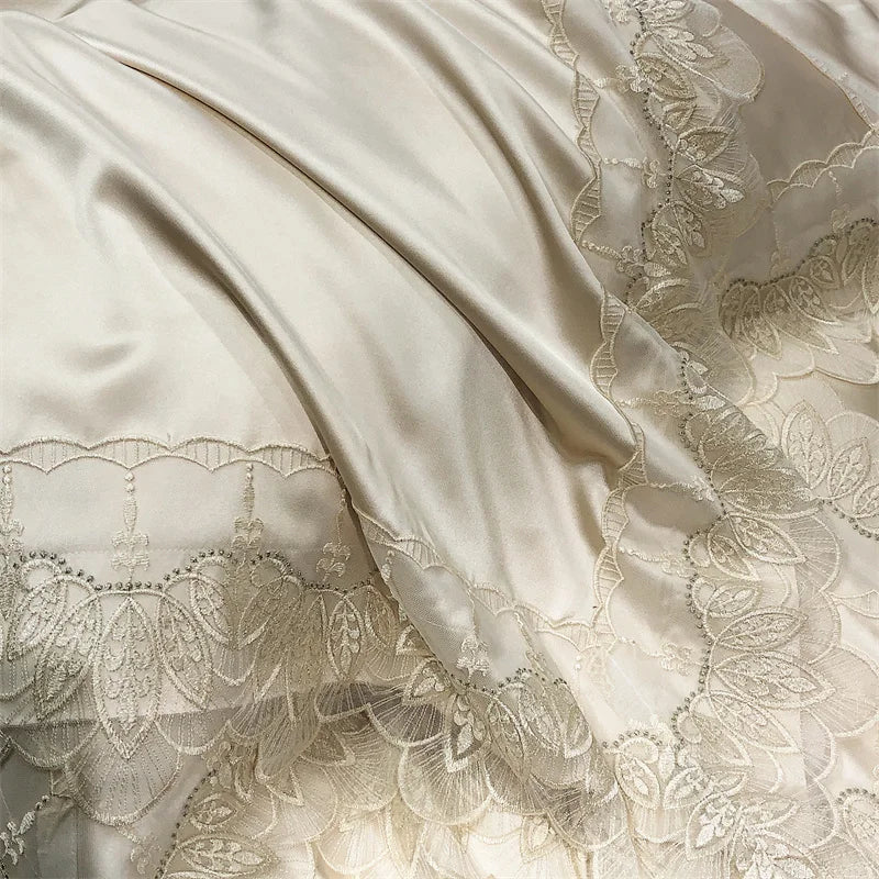 Afralia™ Lace Patchwork Silk Cotton Luxury Bedding Set Queen King Size