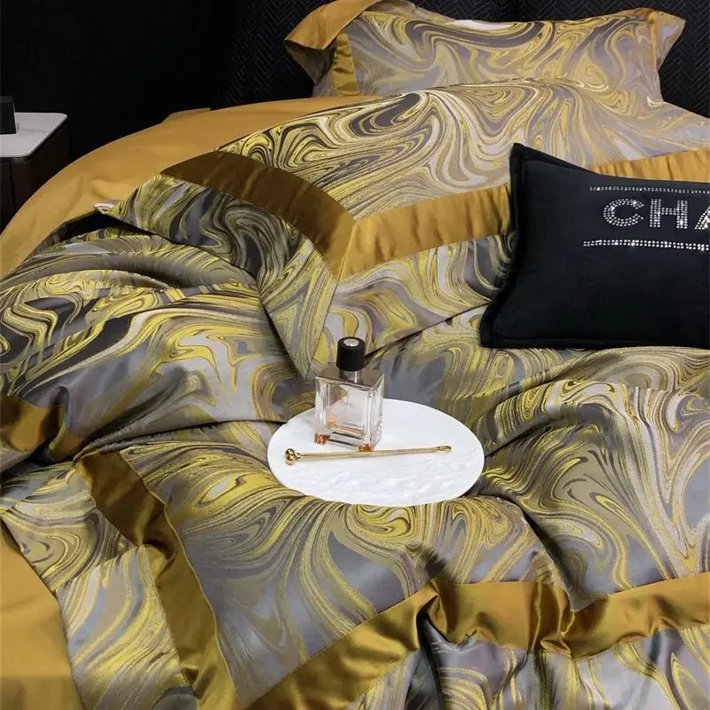 Afralia™ Brocade Satin Jacquard Luxury Cotton Bedding Set - Duvet Cover, Sheet, Pillowcases