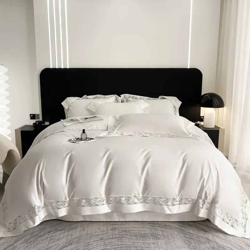 Afralia™ Lace Embroidery 1200TC Egyptian Cotton 4Pcs Bedding Set with Wide Hollow Design