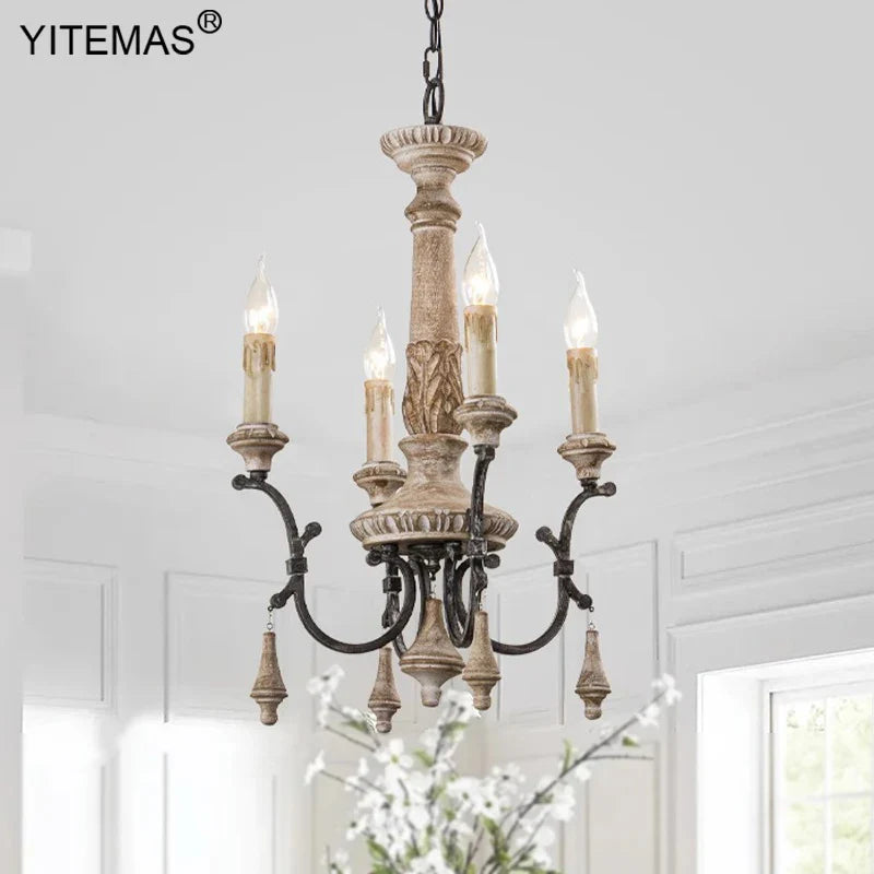 Afralia™ Vintage French Chandelier 6 Lights Retro Wooden 4 Lights for Living Room Bedroom Dining