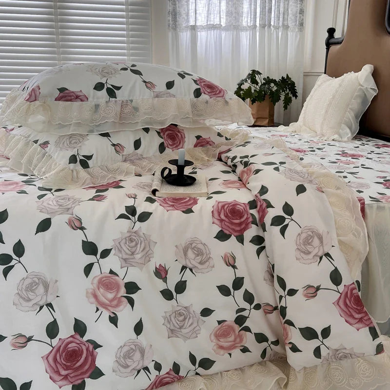 Afralia™ Vintage French Rose Flowers Double Layer Lace Ruffles Bedding Set