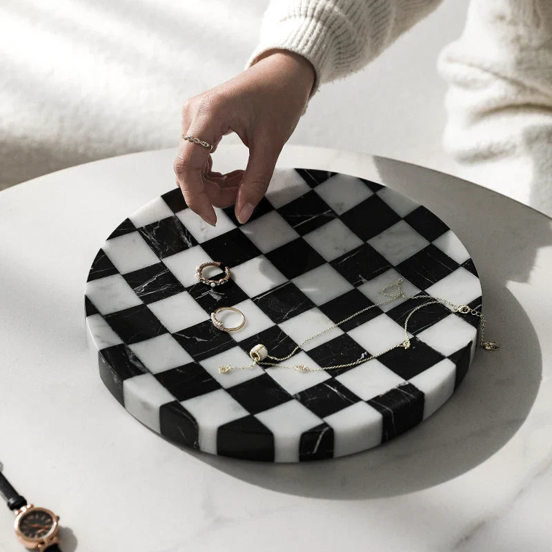 Afralia™ Marble Chessboard Print Tray: Nordic Style, Black & White, Luxury Stone Ornament