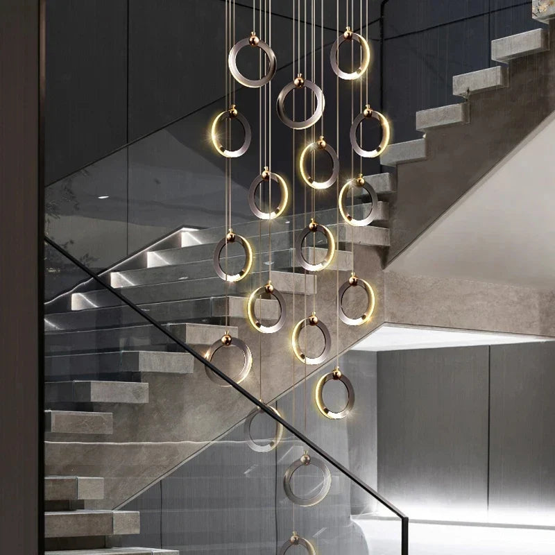 Afralia™ Aluminum LED Chandelier Crystal Round Hanging Lamps Luxury Staircase Lighting Fixtures