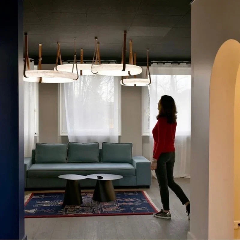 Afralia™ Modern Brown Leather Round Ring Lucite Pendant Light