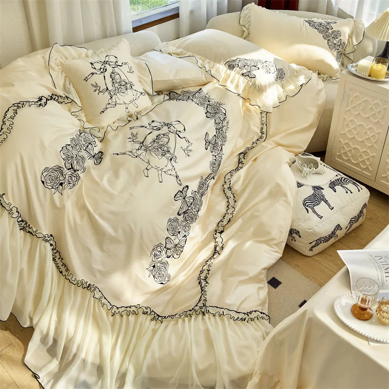 Afralia™ Vintage Rose Butterfly Lace Ruffles Princess Bedding Set: 100S Egyptian Cotton