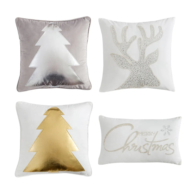 Afralia™ Silver Grey Deer Embroidered Cushion Cover: Stylish Christmas Tree Letter Pillow Case