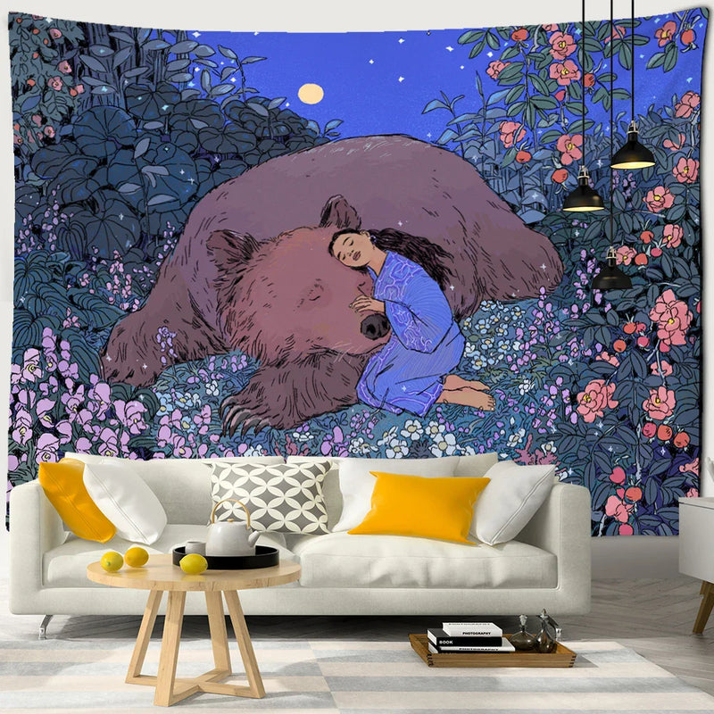 Afralia™ Enchanted Forest Tapestry: Animals, Flowers, Moon - Home Decor