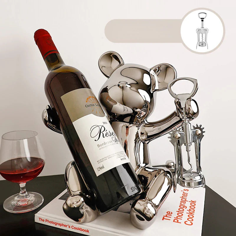 Afralia™ Ceramic Bear Wine Rack with Opener: Stylish Living Room, Bar & Kitchen Storage