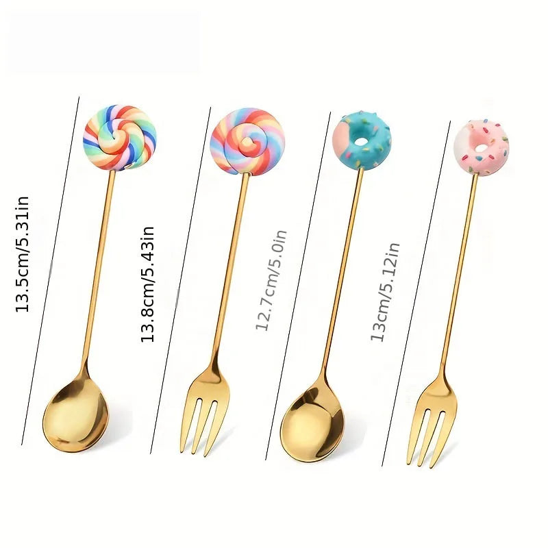 Afralia™ 4PCS Stainless Steel Creative Candy Donut Dessert Fork and Coffee Spoon Set