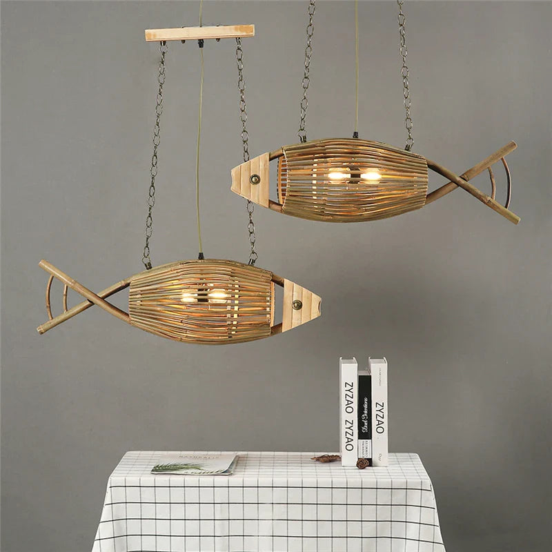 Afralia™ Retro Bamboo Fish Pendant Lights for Restaurant, Bar, Teahouse, Living Room, Farm, Hotel