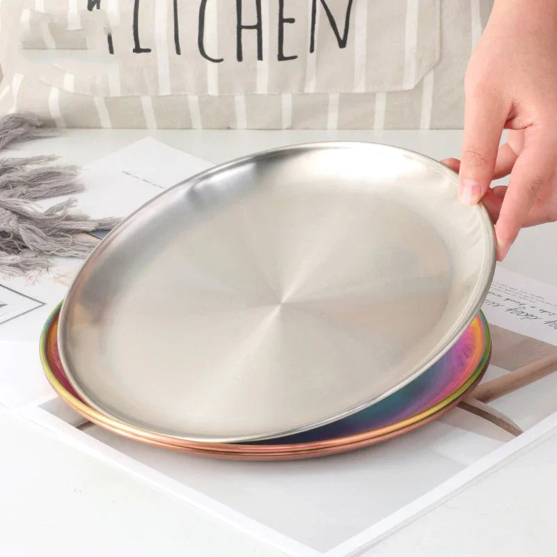 Afralia™ Stainless Steel Round Dining Plate for Food, Steak, Fruit- 1Pc Silver Tray