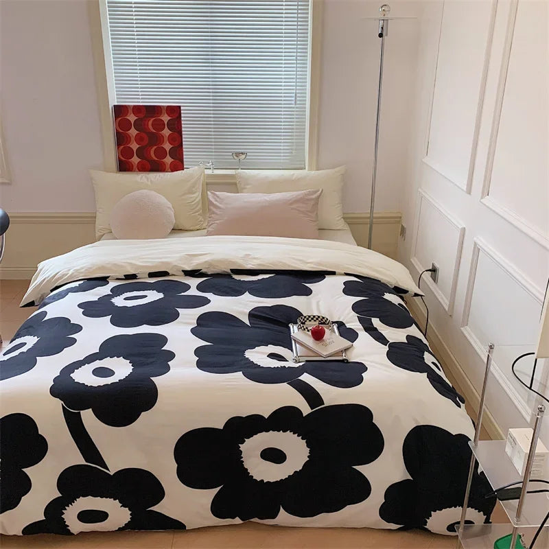 Afralia™ Large Flowers Print Cotton Satin Full Size Comforter Bedding Set