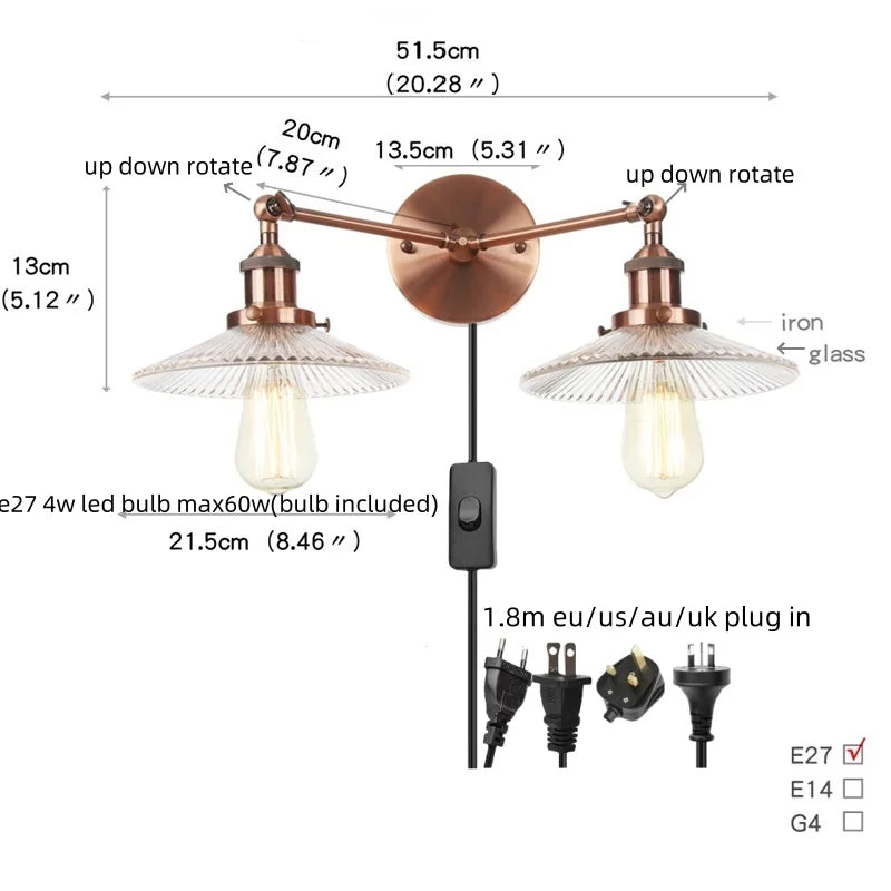 Afralia™ Vintage 2-Head Clear Glass Wall Lamp