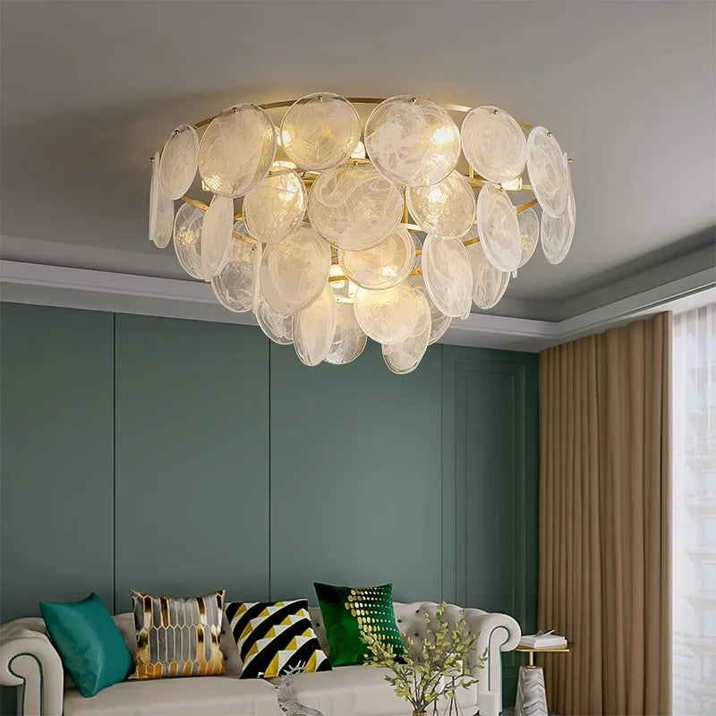 Afralia™ Copper Glass Ceiling Chandelier Dimmable Luxury Round Home Decor Lighting