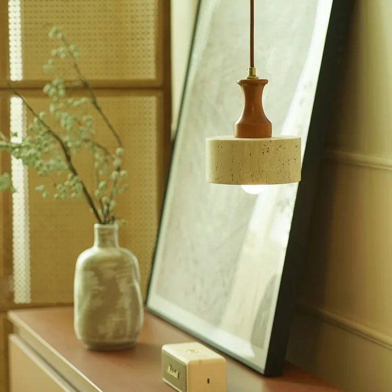 Afralia™ Wabi Sabi LED Pendant Lights Brown Wood Stone Yellow Travertine Hang Lamp