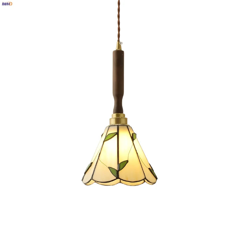 Afralia™ Flower Glass Walnut Wood LED Pendant Light Fixture for Kitchen and Restaurant