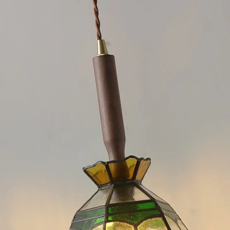 Afralia™ Tiffany Style Glass LED Pendant Lights with Walnut Wood and Adjustable Wire