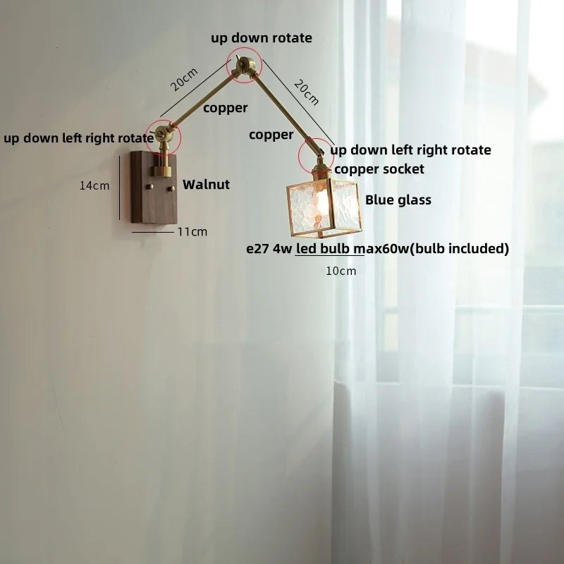 Afralia™ Ash Wood LED Swing Arm Wall Light with Pull Chain Switch & Blue Glass