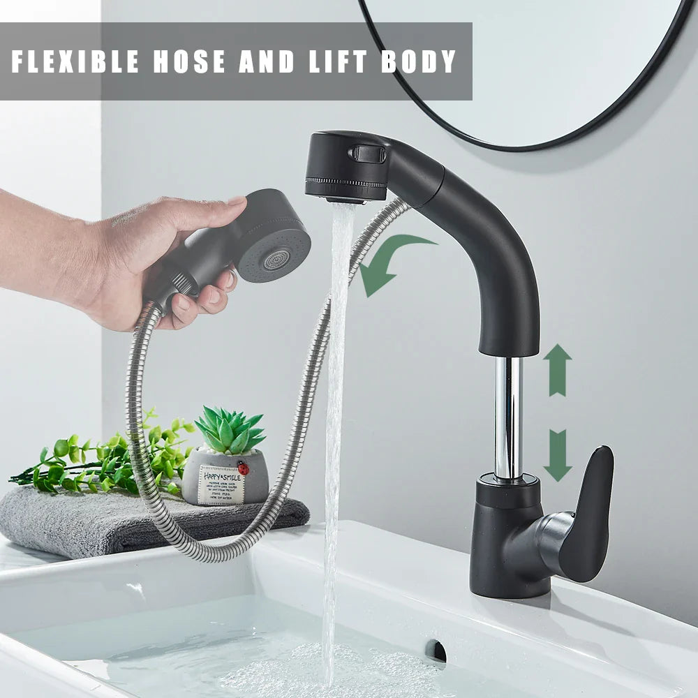 Afralia™ Black Lift Basin Faucet with Pull Out Sprayer for Bathroom Sink - Dual Nozzle