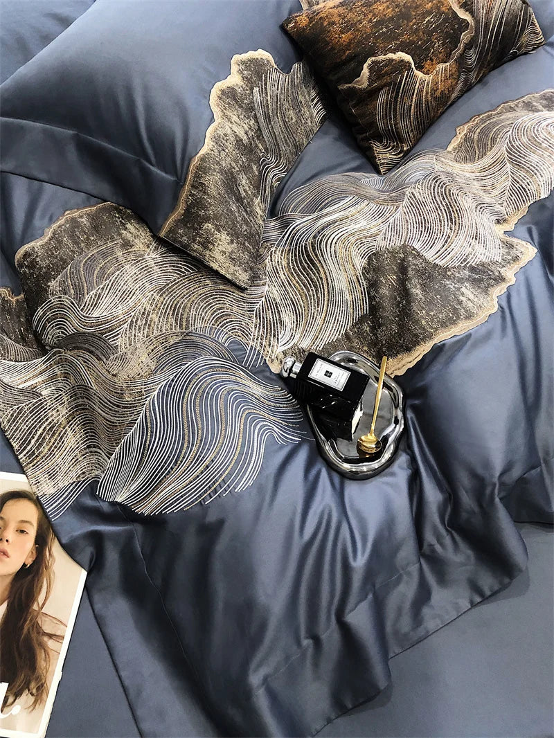 Afralia™ Luxury Egyptian Cotton Bedding Set in Blue/Grey, 1200TC, Embroidered Modern Art