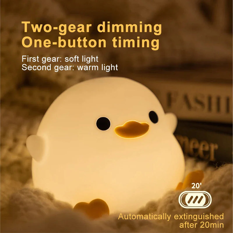 Afralia™ Duck Silicone Night Light with Timer, Rechargeable USB, Dimming Touch Lamp