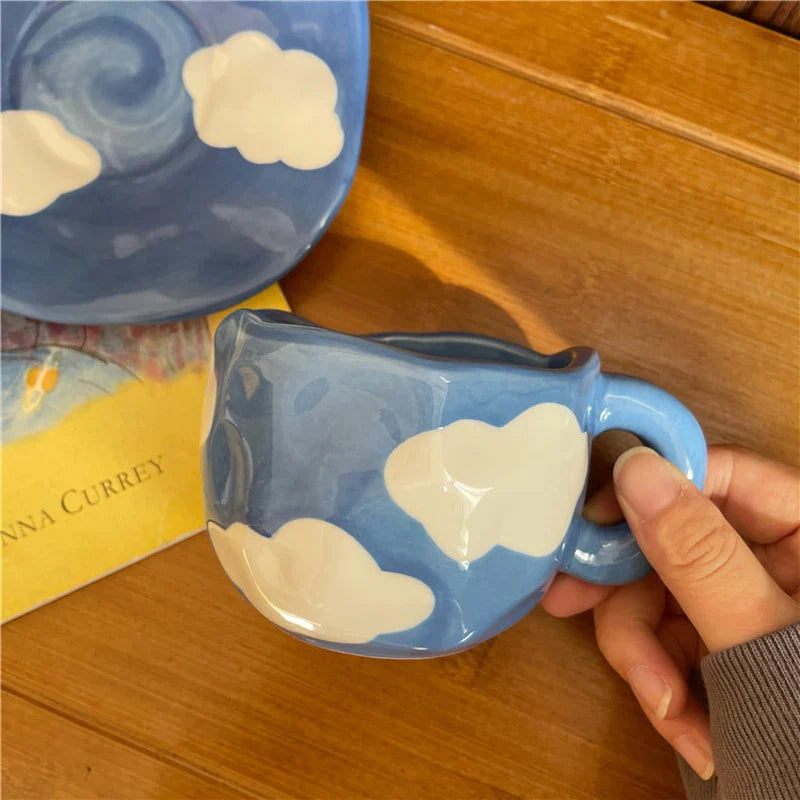 Afralia™ Handmade Blue Sky Coffee Mug with Saucer Set