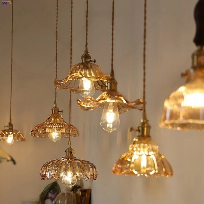 Afralia™ Amber Flower Glass Pendant Lamp, Modern Nordic LED Hanging Light for Kitchen Living Room