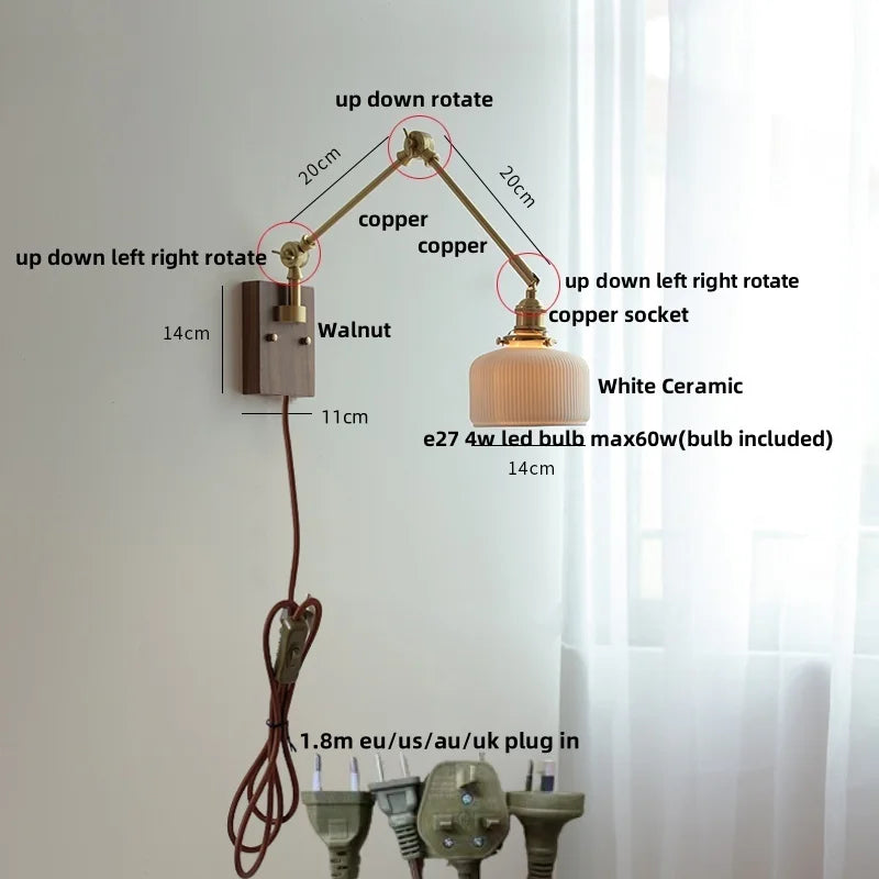 Afralia™ White Ceramic LED Wall Light Nordic Modern Copper Rotatable Bedside Lamp