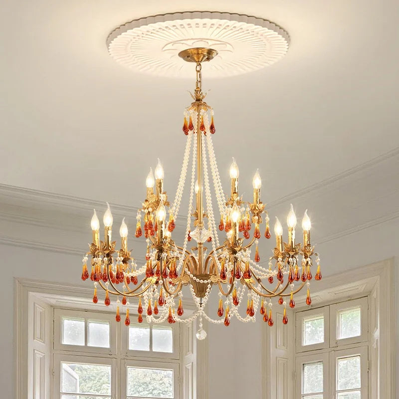 Afralia™ Luxury Red Crystal Candle Chandelier LED Pendant Light - Copper E14 Glamourizing Luminarias