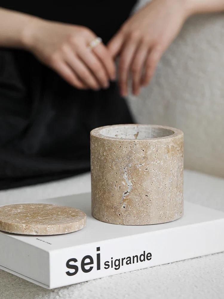 Afralia™ Round Marble Cotton Swab Holder & Spice Jar - Natural Stone Makeup Organiser