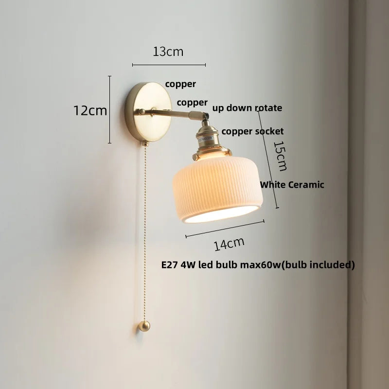 Afralia™ Copper Wall Light Fixture Bedroom Bedside Sconce White Ceramic Lamp