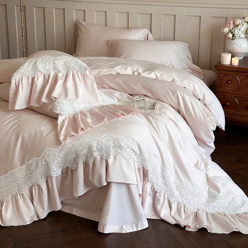 Afralia™ French Lace Ruffle Princess Wedding Bedding Set with Brushed Duvet Cover & 2 Pillowcases