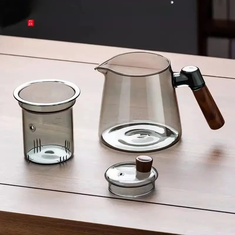 Afralia™ Glass Tea Set with Wooden Handle Teapot on Retro Glass Tray