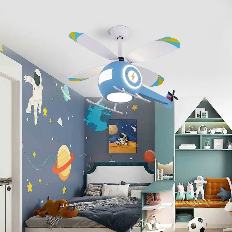 Afralia™ Aircraft LED Ceiling Fan Light Remote Dimming Chandelier for Kids Bedroom