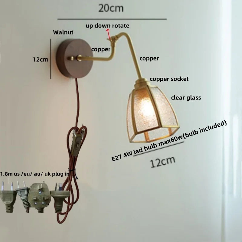 Afralia™ Clear Glass LED Wall Sconce Pull Chain Switch Rotate Arm Walnut Wood Stair Light