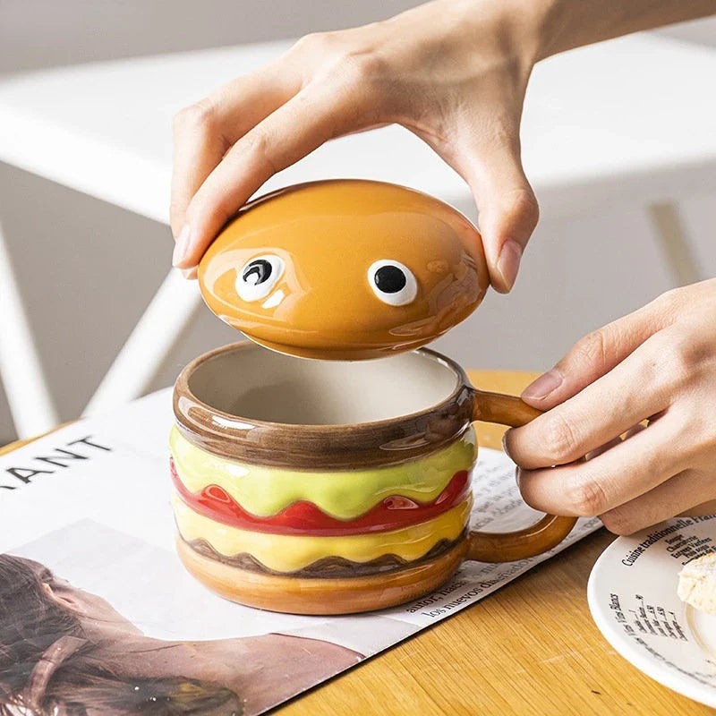 Afralia™ Ceramic Hamburger Coffee Cup with Lid, Cute Cartoon Children's Mug