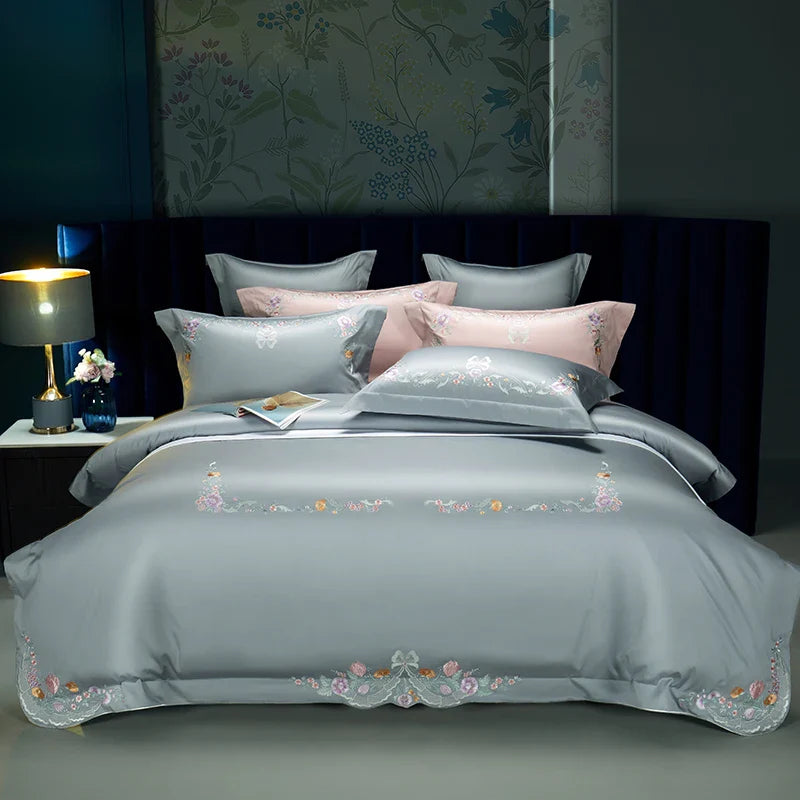 Afralia™ Floral Embroidered Luxury Bedding Set - 100S Egyptian Cotton