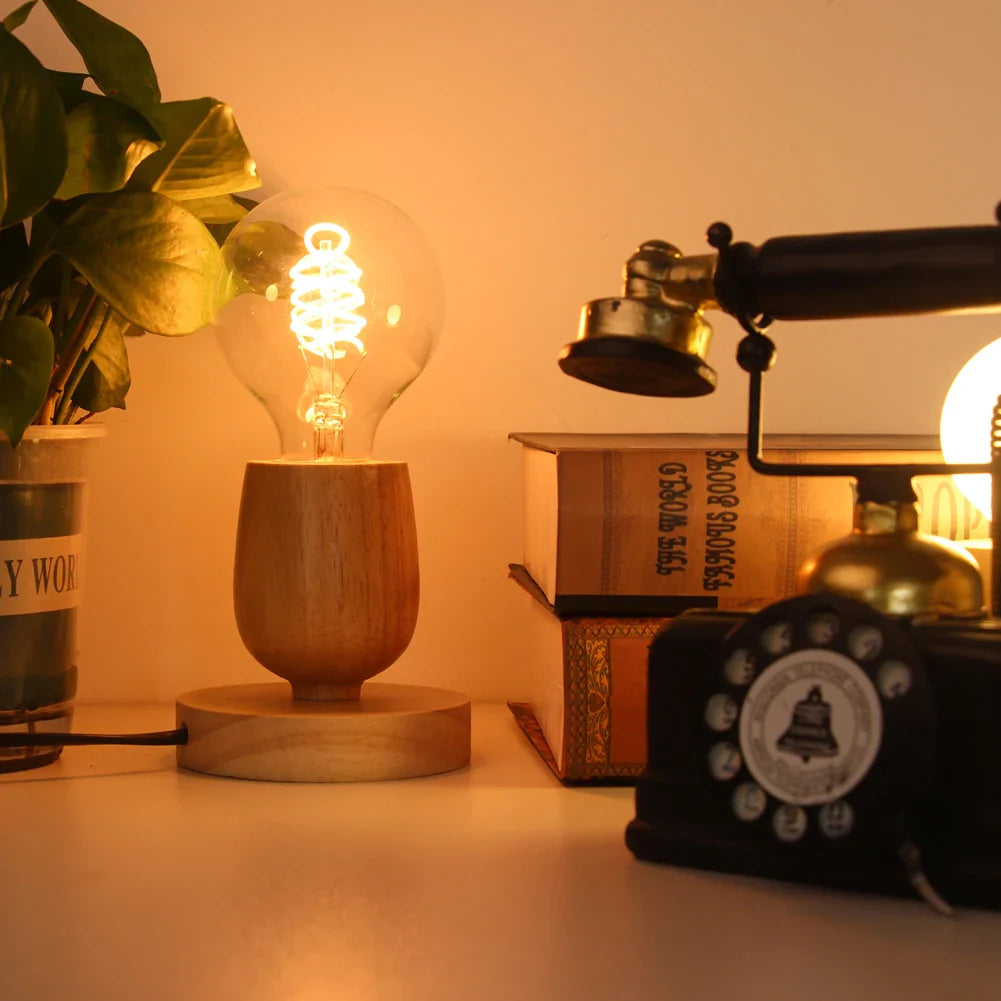 Solid Wood Table Lamp with E27 Base Socket, Switch Line, and Simple Design