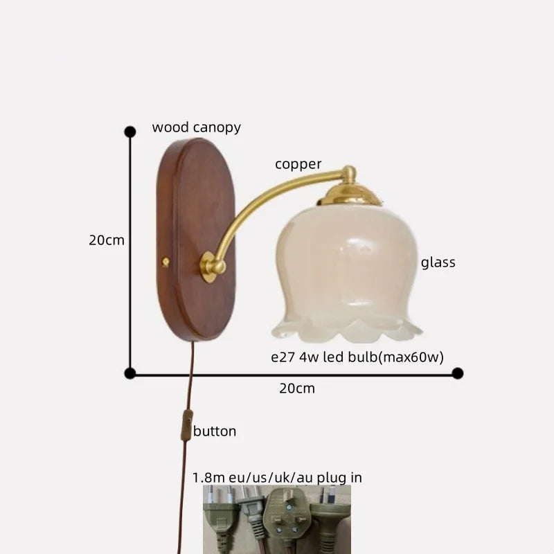 Afralia™ LED Japanese Style Wall Lights Copper Wood Bedside Lamp for Home Bedroom