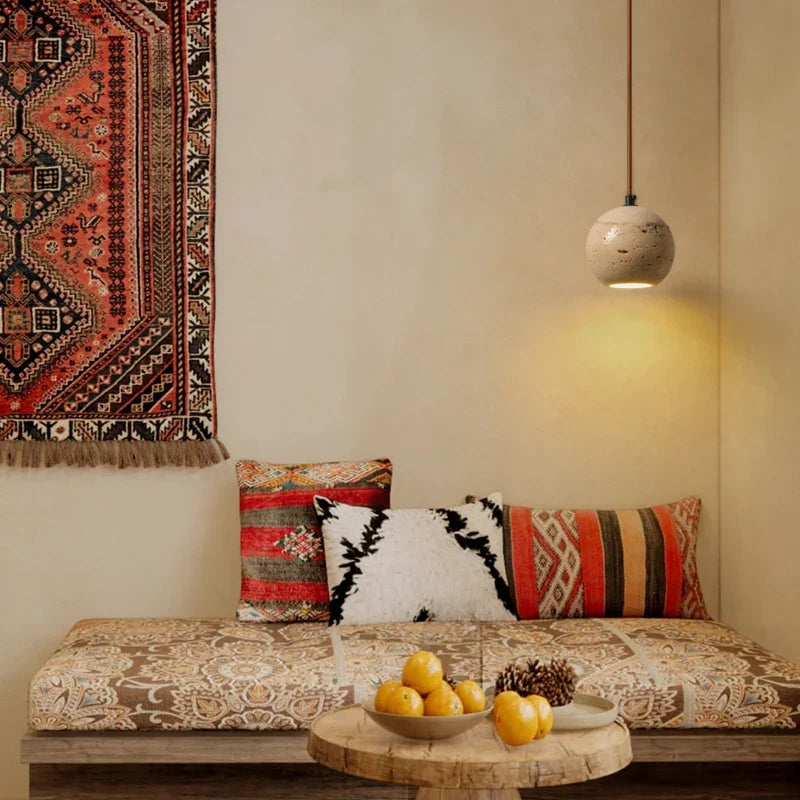 Afralia™ Yellow Travertine Wood Canopy Pendant Lights - Japanese Style Adjustable Globe LED Hang Lamp