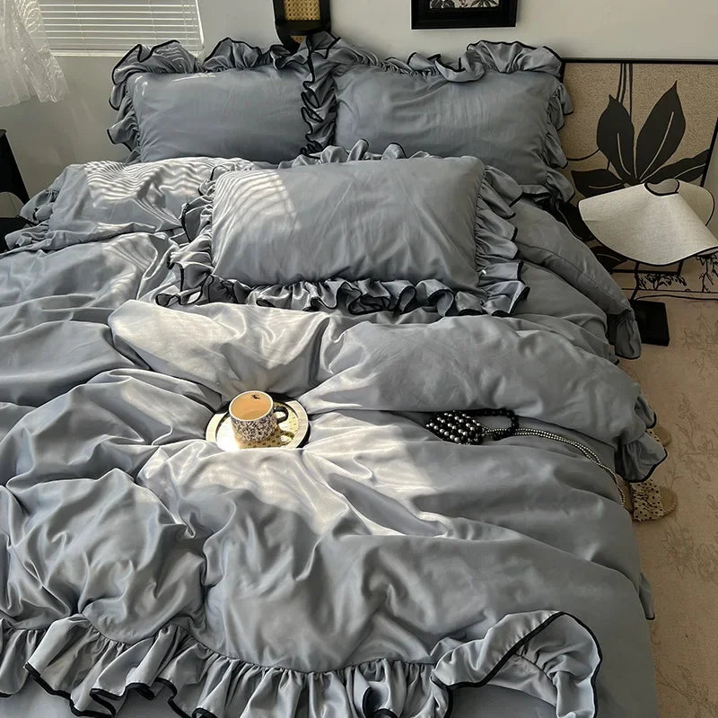 Afralia™ Silky Lace Princess Bedding Set - Cooling Comforter, Solid Color, 4 Pieces