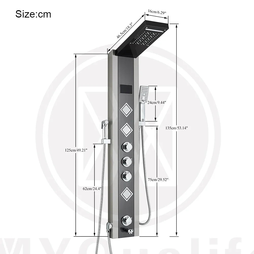 Afralia™ Modern Black LED Shower Panel 5-Function Wall Mount Hot Cold Bathroom Faucet
