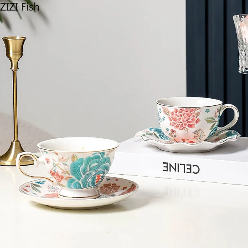 Afralia™ Painted Floral Teacup with Golden Edge - Porcelain Mug for Coffee and Tea