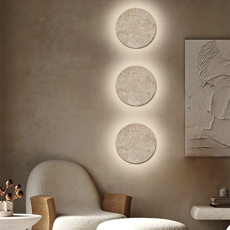 Afralia™ Natural Beige Stone Wall Lamp minimalist flush mount circle LED light Bedroom Wall Light