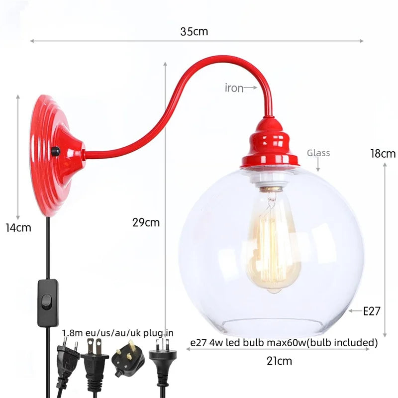 Afralia™ Red Vintage LED Wall Lamp Glass Ball Industrial Loft Bedroom Mirror Light