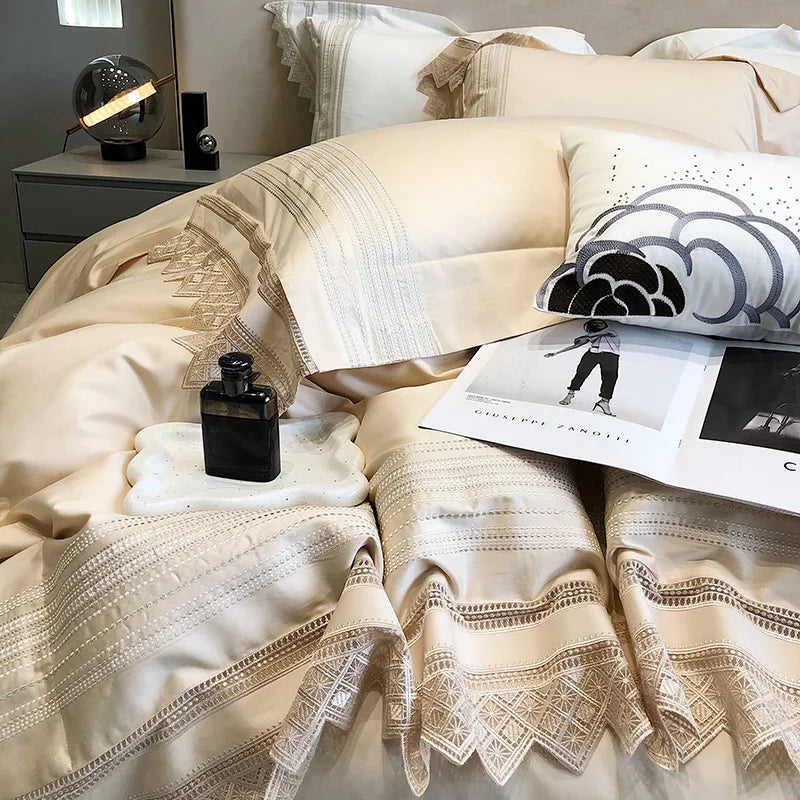 Afralia™ Champagne Embroidered Lace Bedding Set with 1000TC Egyptian Cotton Duvet Cover & Sheet