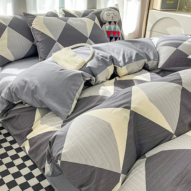 Afralia™ Pure Cotton Striped Bedding Set Duvet Cover Fitted Sheet Kit for Single/Double