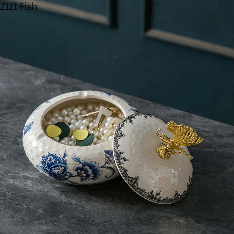 Afralia™ Dragonfly Lid Ceramic Jewelry Box - Round Floral Pattern Storage Jar