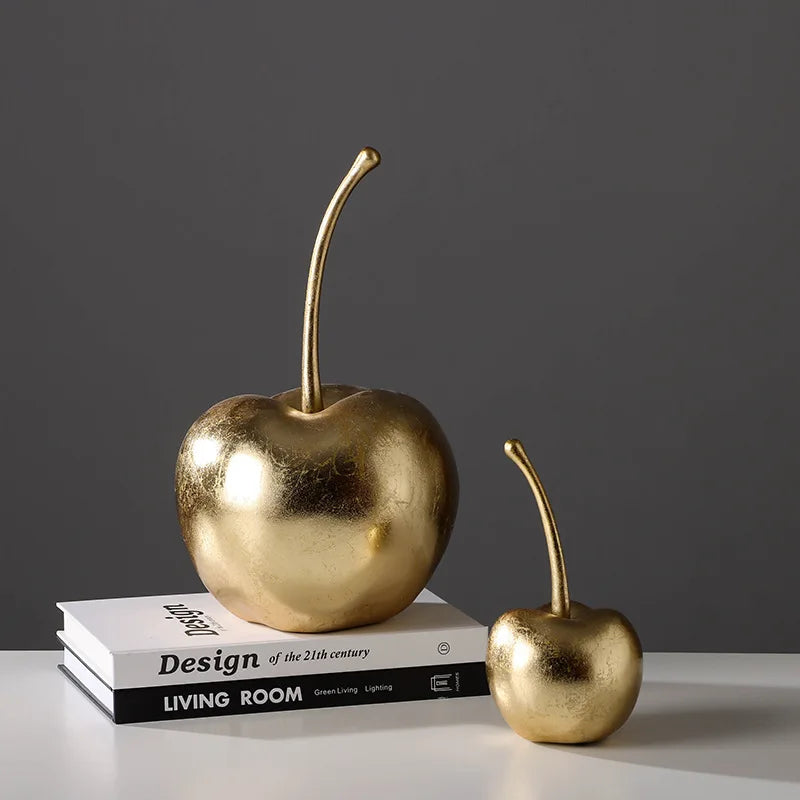 Afralia™ Resin Apple & Cherry Sculptures for Home Decor - Golden Fruit Figurines
