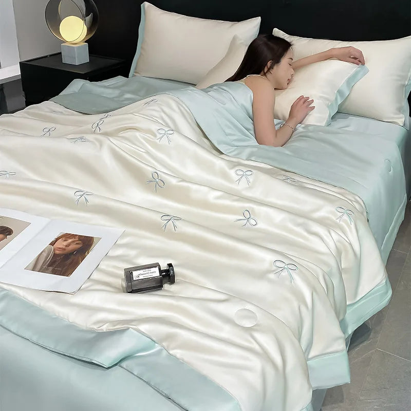 Afralia™ Bowknot Embroidered Summer Bedding Set - Soft & Skin-friendly Quilt, Duvet, Pillowcases